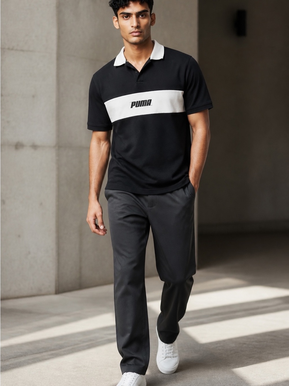 Puma Black Polo with White Chest Stripe and Collar - Picture 2 of 4